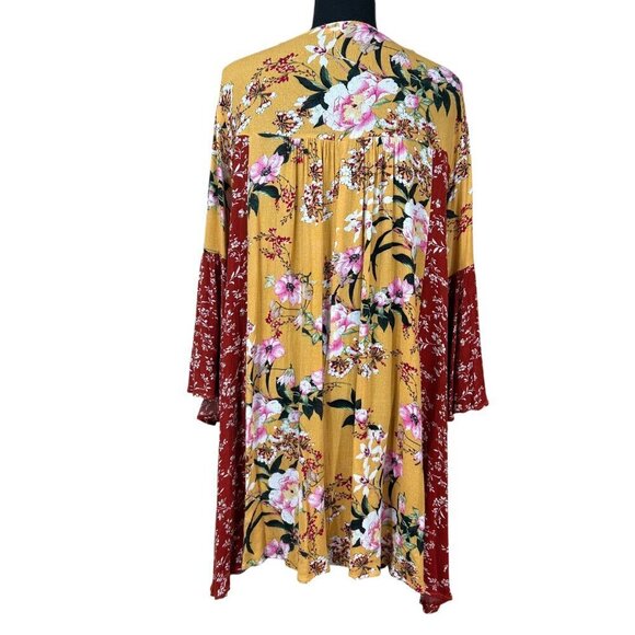 Umgee Red Gold Floral Peasant Babydoll Crochet Rayon Flared Sleeve Dress Size L - Picture 4 of 9